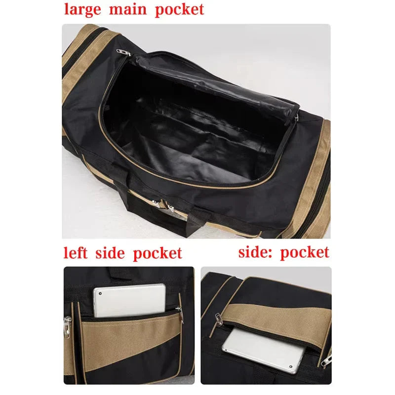OBA Duffelmatkalaukku musta/khaki avattuna ja lähikuva sivutaskusta