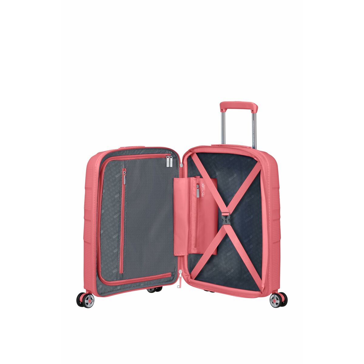 American Tourister Starvibe Spinner 41 L käsimatkatavaralaukku pinkki avattuna