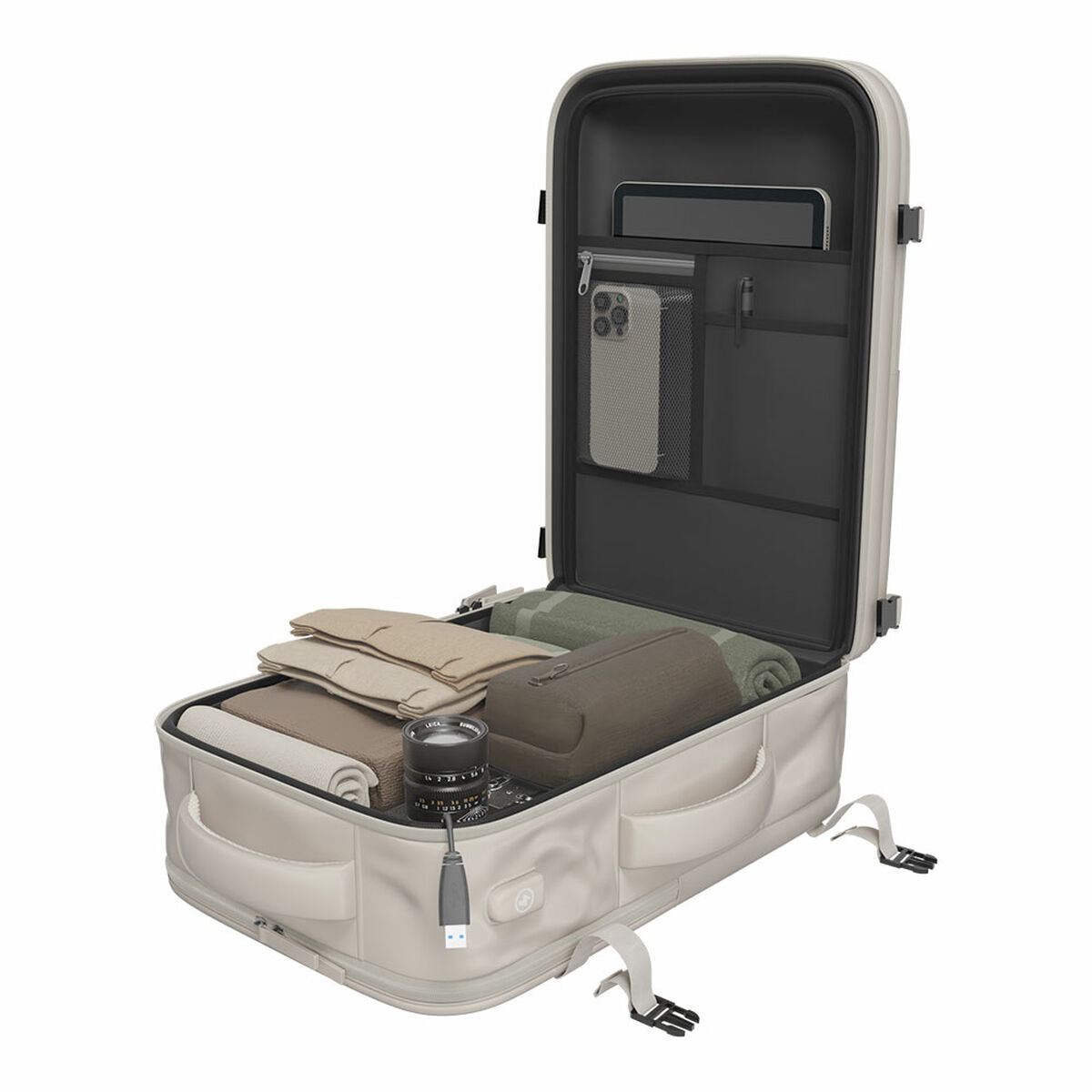 Numada b40 beige reppu tasolla avattuna tavaroita sisällä