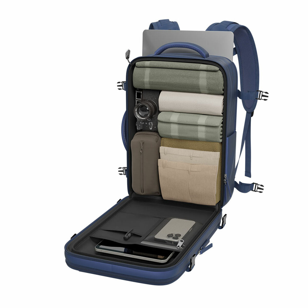 Numada b40 sininen reppu pystyssä pakattuna etuseinä alhaalla