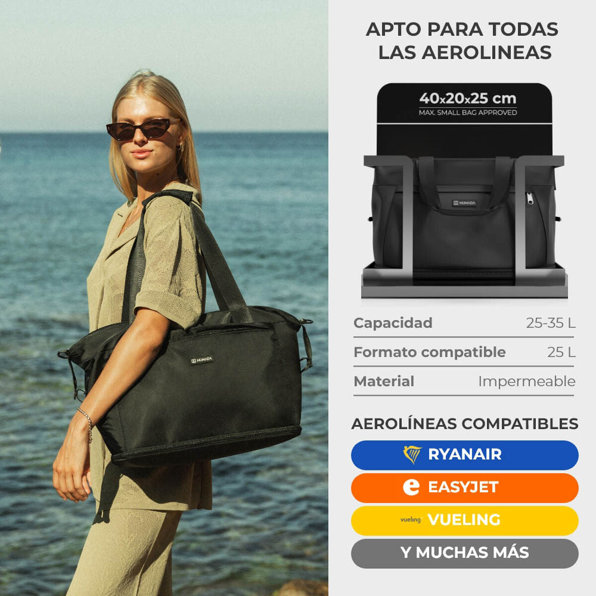 Numada urheilukassi musta naisen olkapäällä vieressä tietoja laukun mitoista