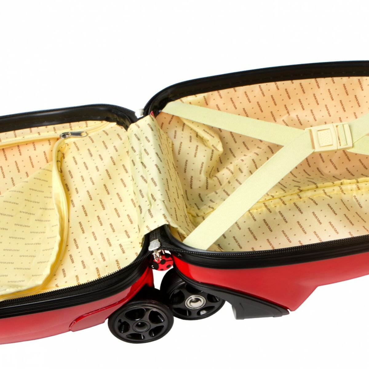 Leppäkerttu lasten matkalaukku  avattuna vedettävä kauko-ohjattava kaksi pyörää