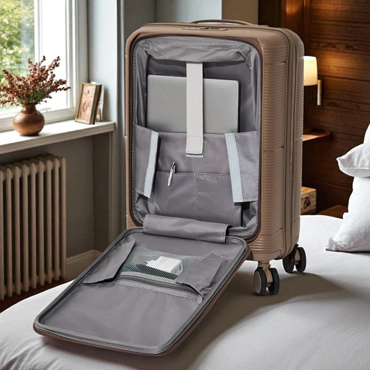 Sydney M5 ruskea 2 osainen käsimatkatavaralaukku etutasku avattuna